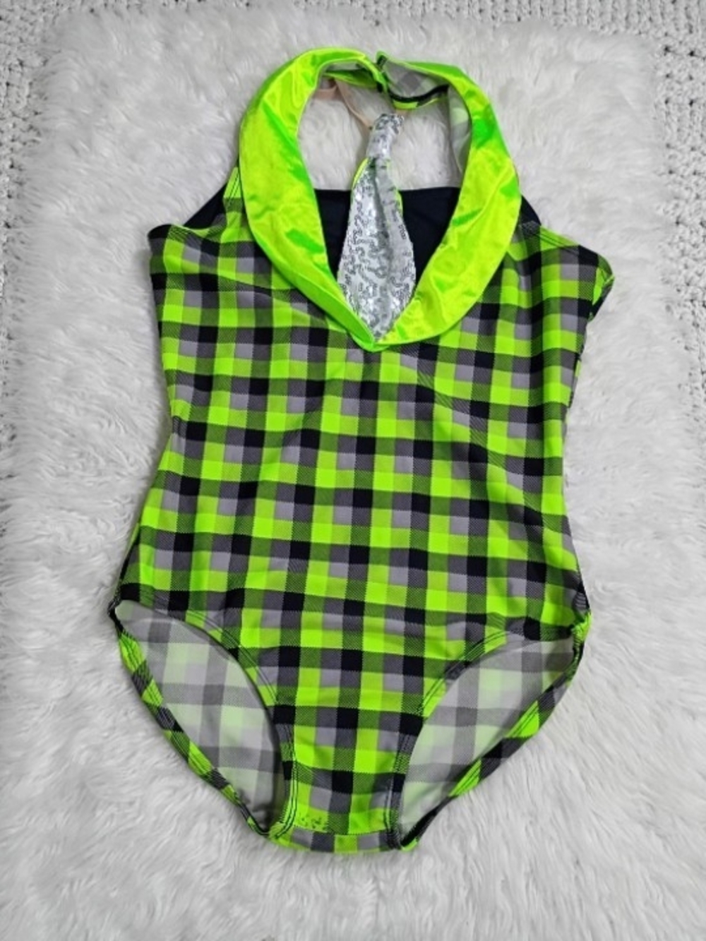 Weissman Neon Lime Green Plaid Halter Leotard Dancewear Costume, Child Medium